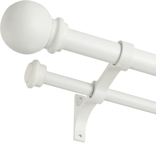 Double Curtain Rod 48 to 84 inch, Adjustable 1 inch Double Drapery Rod Rods for Windows and Doors with Ball Round Finials and Premium Aluminum Brackets Set(48-84",Matte White)