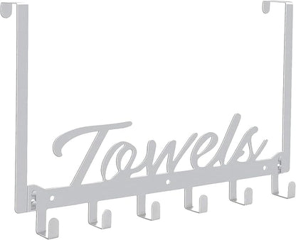 Over The Door Hooks, Towel Rack for Bathroom Towel Holder for Hanging Heavy Duty, Wall Mount Towel Hanger with 6 Hooks for Bedroom Bathroom Kitchen Towels, Bag, Coats, Hats - Silver