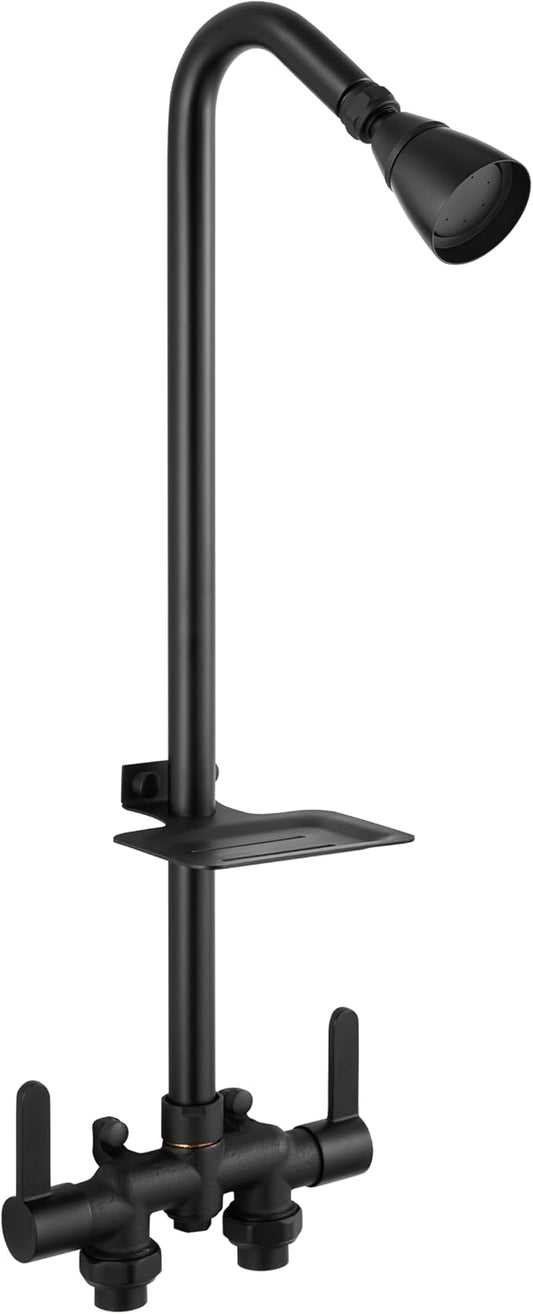 Aolemi Outdoor Shower Fixtures,Outdoor Shower Kit Faucet System 3 Inch Center with Showerhead 2 Handle Exposed Shower with Brass Mix Valve Pipe Downward with Soap Dish Matte Black