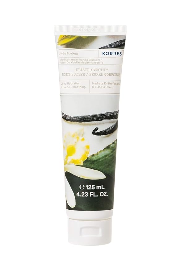KORRES Elasti-Smooth Body Butter Cream, Dry Skin Lotion with Shea Butter and Almond Oil, Moisturizing, Firming, Tightening and Hydrating After Shower Care, Mediterranean Vanilla Blossom, 4.23 Fl Oz