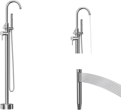 Freestanding Tub Filler Polished Chrome Floor Mount Bathtub Faucet Bathroom,Rough-in Valve 2 Function Handshower for Tub Rinsing Bathing,Anti-Wobble Base,Cylinder Handheld