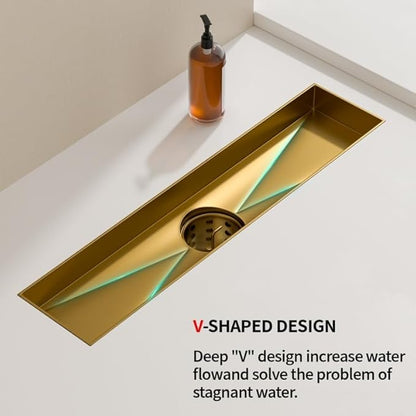Linear Shower Drain, 304 Stainless Steel with Adjustable Leveling Feet, Hair Strainer,Reversely Install Place to Create an Invisible Floor Drain - Gold -54-Inch