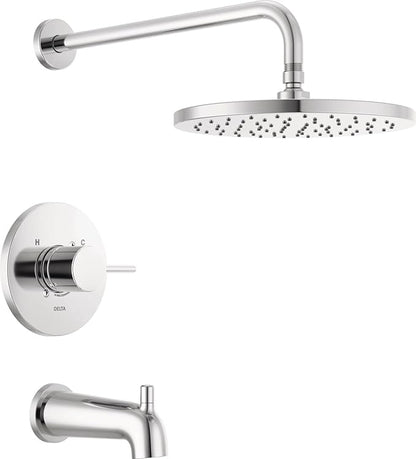 Delta Modern 14 Series Round Rain Bathtub and Shower Faucet Set, Rainfall Chrome Shower Head and Handle Set, Valve Trim Kit, 10 Inch, Chrome T14469-PP (Valve Not Included)