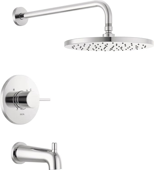 Delta Modern 14 Series Round Rain Bathtub and Shower Faucet Set, Rainfall Chrome Shower Head and Handle Set, Valve Trim Kit, 10 Inch, Chrome T14469-PP (Valve Not Included)