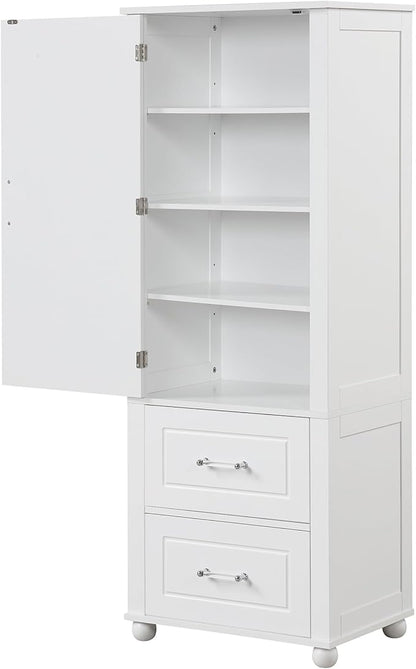 Tall Bathroom Storage Cabinet with Door and Shelves, Kitchen Pantry Linen with 2 Drawers for Home, Living Room, Dining Room, White