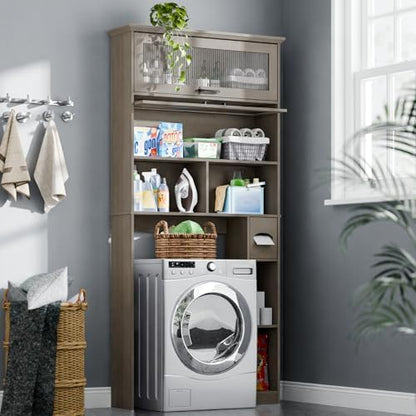 Over The Toilet Storage Cabinet with Transparent Door, Toilet Paper Storage Cabinet with Multi Layer Shelves Suitable for Bathroom, Laundry Room, Freestanding Bathroom Storage Rack,Grey