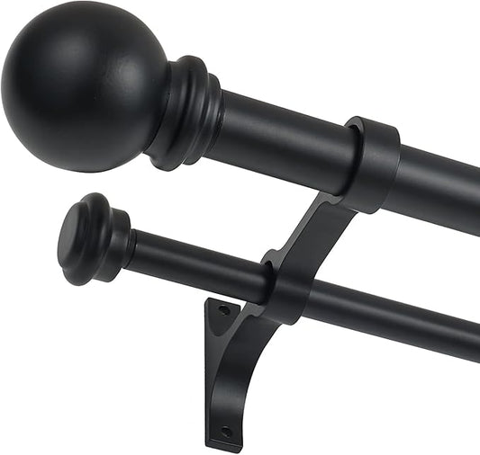 Double Curtain Rod 28 to 48 inch, Adjustable 1 inch Double Drapery Rod Rods for Windows and Doors with Ball Round Finials and Premium Aluminum Brackets Set (28-48",Matte Black)