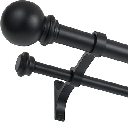 Double Curtain Rod 48 to 84 inch, Adjustable 1 inch Double Drapery Rod Rods for Windows and Doors with Ball Round Finials and Premium Aluminum Brackets Set(48-84",Matte Black)