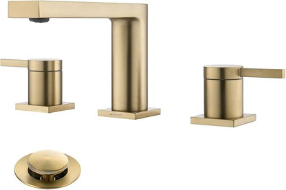 Luxury Brass Modern Widespread Bathroom Sink Faucets with Copper Valve for 3 Hole 2-Handle 8 Inch Deck Bathroom Vanity Faucet, &Stainless Steel Pop-up Drain Assembly, Brushed Champagne Gold