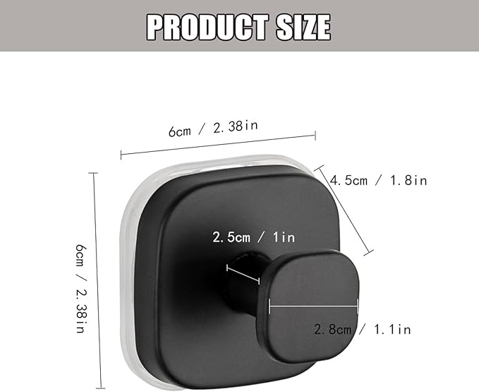 4Pcs Square Suction Cup Hook, 304 Stainless Steel Shower Hook, Removable Suction Cup Knob for Shower, Bathroom, Kitchen, Glass Door, Mirror (Black)