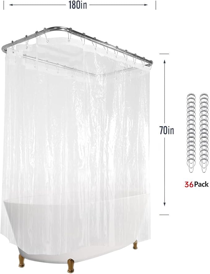 Clawfoot Tub Shower Curtain Liner 180x70 Inch Clear Warp Around Extra Wide 36 Metal Hooks Heavy Duty Vinyl Bath Curtain for Clawfoot Stand Up Tub for Bathroom Tub PEVA Waterproof