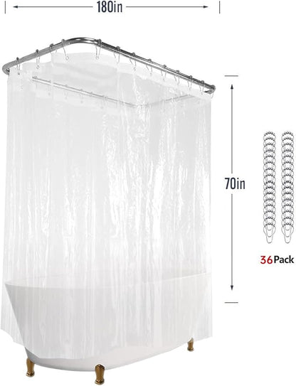 Clawfoot Tub Shower Curtain Liner 180x70 Inch Clear Warp Around Extra Wide 36 Metal Hooks Heavy Duty Vinyl Bath Curtain for Clawfoot Stand Up Tub for Bathroom Tub PEVA Waterproof