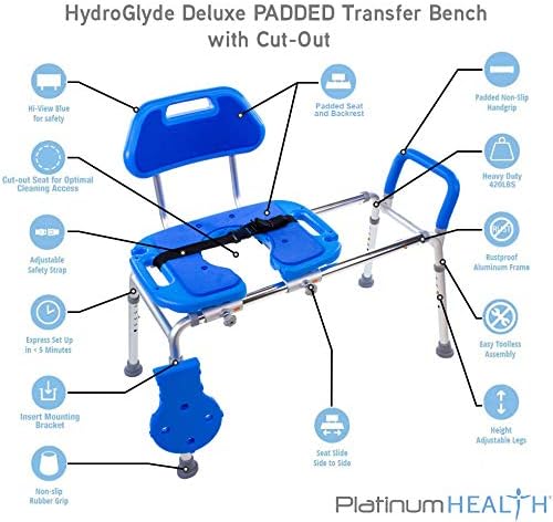Platinum Health Sliding Shower Chair HydroGlyde Premium Heavy Duty, Padded Bathtub Transfer Bench with Cut Out Seat, for Bath Tub, Adjustable Legs, and Safety Belt, Quick Tool-Less Assembly, Blue