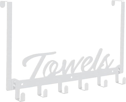Over The Door Hooks - Wall Mount Towel Hanger with 6 Hooks for Bedroom Bathroom Kitchen Towels, Bag, Coats, Hats - White