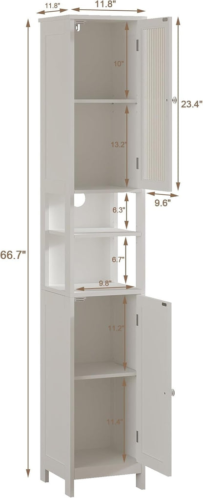 ChooChoo Tall Bathroom Storage Cabinet with Light, 5-Tier Narrow Bathroom Cabinet with 2 Doors, Slim Storage Linen Cabinet Freestanding with Adjustable Shelves for Space Saving, White
