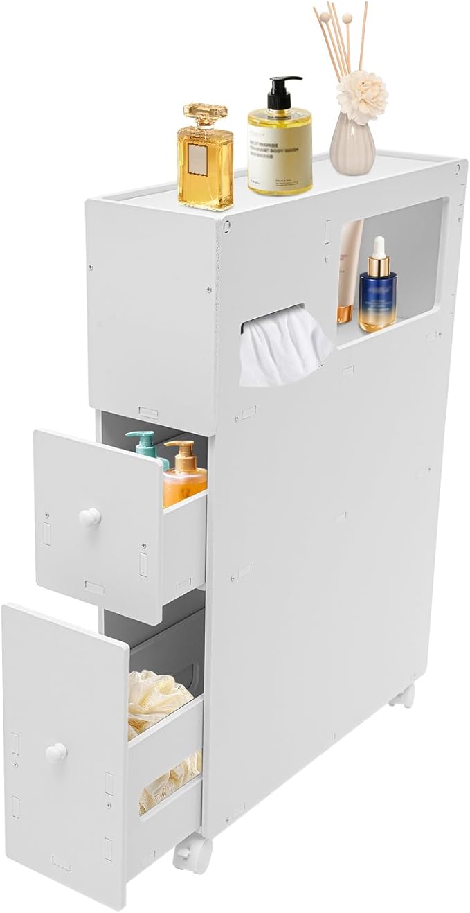 Slim Bathroom Storage Cabinet 4 Layers White Toilet Paper Storage with 4 Wheels Small Narrow Bathroom Storage Cabinet for Storing Tissues, Shampoos, Creams