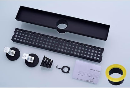 16 Inch Linear Bathroom Shower Rectangular Floor Drain,New Type with Removable Cover Grid Grate, Adjustable Leveling Feet Hair Strainer, SUS304 Stainless Steel,Black