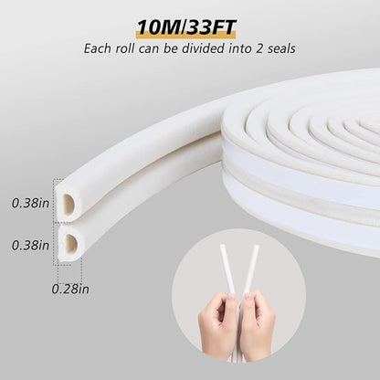 SUNMON Weather Stripping Door Seal Strip, 33Feet (10M) D-Type Soundproofing, Self Adhesive Foam Weatherstrip for Door and Window (White)