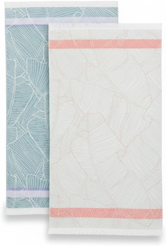 SOFE H&L | LINVIA Foutah Quick Dry Beach Towel Pack of 2 (35” x 70”) Leaves - Mint & Green | Lightweight, Premium, Fade Resistant, Durable | Travel Towel, Turkish Beach Towel with Shoulder Strap
