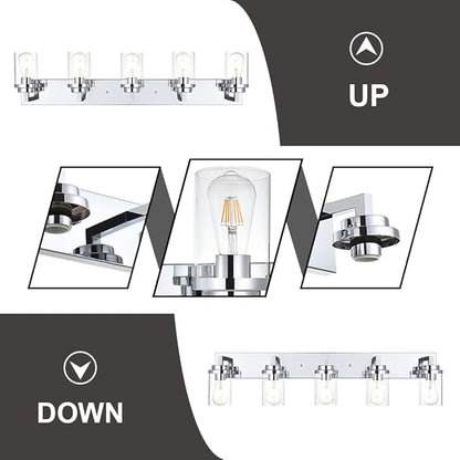 MELUCEE 5-Lights Bathroom Vanity Light Fixtures Chrome, Modern Vanity Lighting with Clear Glass Shade, Industrial Wall Mount Lights for Mirror Cabinet Sink