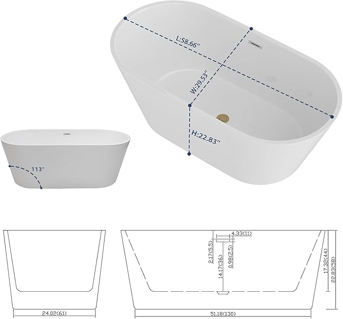 Sarlai 59 Inch Acrylic Freestanding Soaking Bathtub Contemporary Soaking White Tub Stand Alone Ergonomic Bathtub with Chrome Overflow and Drain