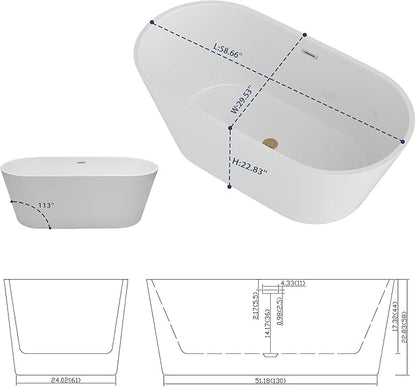 Sarlai 59 Inch Acrylic Freestanding Soaking Bathtub Contemporary Soaking White Tub Stand Alone Ergonomic Bathtub with Black Drain