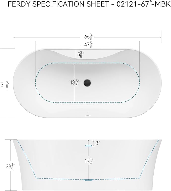 FerdY Santorini 67" Acrylic Freestanding Tub, Gracefully Shaped Contemporary Soaking Tub, Glossy White, cUPC Certified, Matte Black Toe-tap Drain and Overflow