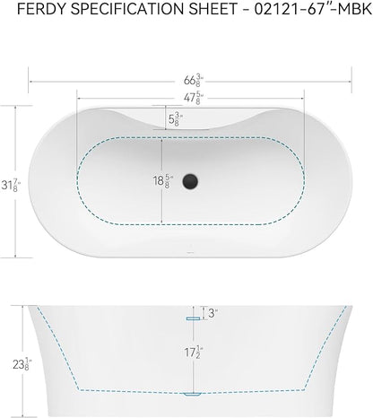 FerdY Santorini 67" Acrylic Freestanding Tub, Gracefully Shaped Contemporary Soaking Tub, Glossy White, cUPC Certified, Matte Black Toe-tap Drain and Overflow