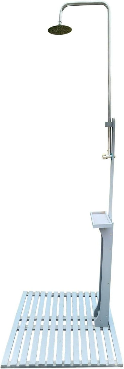 Outdoor Garden Pool Shower with Wooden Platform Base - Freestanding Poolside Shower Station with Adjustable Water Pressure Control, Solid Wood Chassis Board, 86.61" Tall, Gray