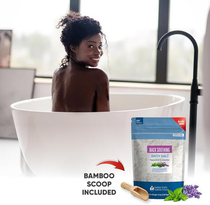 Back Soothing Bath Salt 128 Ounces (8 Lbs) USP Grade Epsom Salt with Natural Peppermint and Lavender Essential Oils Plus Vitamin C Made with Natural Ingredients
