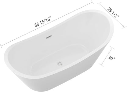 Logmey 67" Freestanding Bathtub White Acrylic Oval Shape Soaking Tub with Chrome Drain & Overflow Assembly for Classic Modern Bathrooms