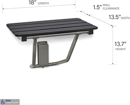 18-inch x 15-inch ADA Folding Wall Mount Bathroom Shower Seat Bench, Black Slatted Phenolic Seat