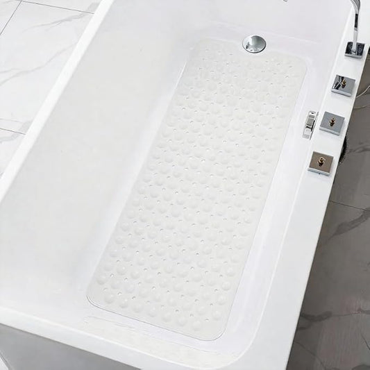 Bath and Shower Safety Mats 40x16 inch, Non Slip with Strong Suction Cups for Bathroom Stall and Tub Floor, Extra Large and Machine Washable, Drain Holes Keep Bathtub Clean, Soft on Feet, White