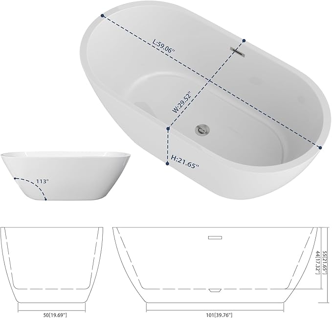 Sarlai 59 Inch Acrylic Freestanding Soaking Bathtub Contemporary Soaking White Tub Stand Alone Ergonomic Bathtub with Chrome Drain and Overflow