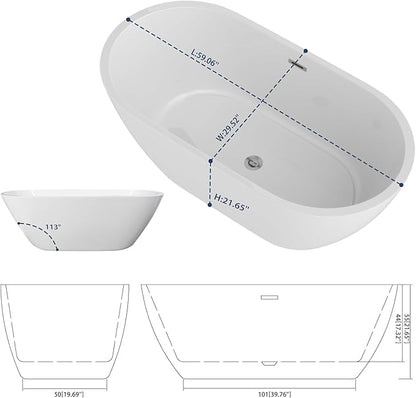Sarlai 59 Inch Acrylic Freestanding Soaking Bathtub Contemporary Soaking White Tub Stand Alone Ergonomic Bathtub with Chrome Drain and Overflow