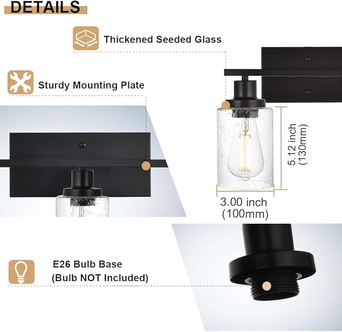 40 Inches Length Black Bathroom Lighting Fixtures, 5-Light Modern Industrial Wall Sconce Vanity Light Fixture with Seeded Glass for Bedroom Over Mirror