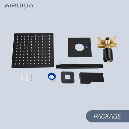 Airuida Shower Faucet Set and Handle Set Single Function Shower Trim Kit Ceiling Mount Rainfall Shower System with Male Threads and Rough-in Valve 10 Inch Square Shower Head Matte Black
