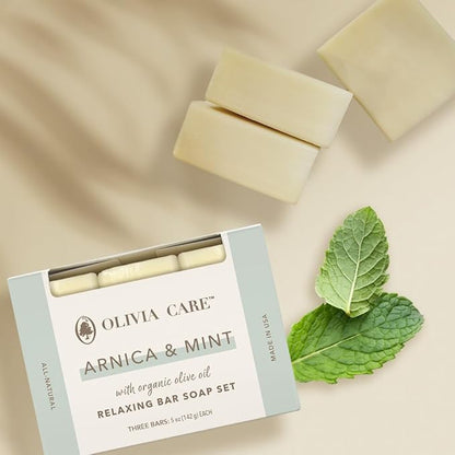 Olivia Care Arnica & Mint All Natural Bar Soap Set, Organic Olive Oil, Triple-Milled, 5 oz Each, 3-Pack, Made in the USA