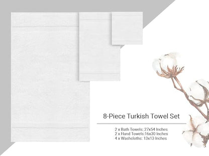 Towel Bazaar Premium Cotton Super Soft and Absorbent Turkish Towels (8-Piece Towel Set, White)