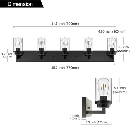 MELUCEE 5-Light Black Bathroom Light Fixtures with Clear Glass Shade, Black Vanity Lights Industrial Wall Mount Light for Bathroom Mirror, Powder Room Bedroom