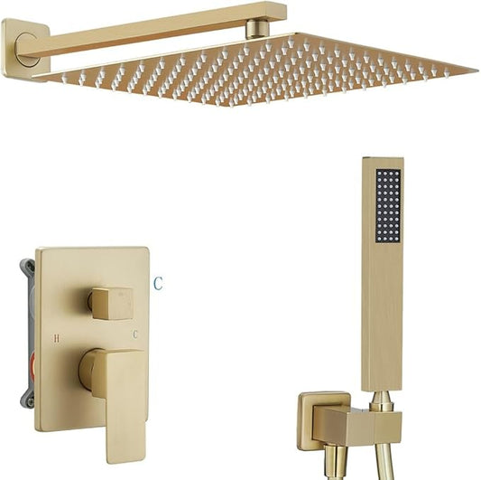 Rain Shower System 12 Inch Ultra Large Shower Head High Pressure Brushed Gold Surface Dual Function Shower Vavle Trim Kit