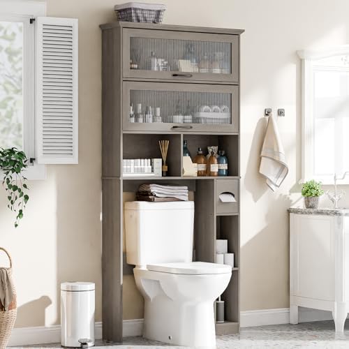 Over The Toilet Storage Cabinet with Transparent Door, Toilet Paper Storage Cabinet with Multi Layer Shelves Suitable for Bathroom, Laundry Room, Freestanding Bathroom Storage Rack,Grey