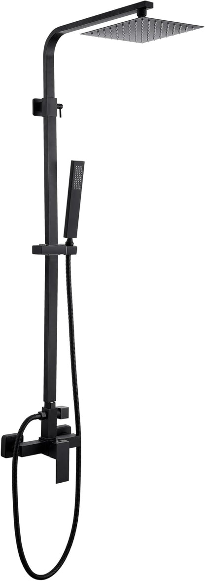 Outdoor Shower Kit, Solid Metal Tangular Outdoor Shower Faucet Fixtures with 8" Rainfall Showerhead with Handheld Sprayer Matte Black