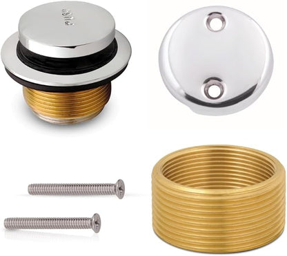 Tip-Toe Bathtub Drain Trim Kit with Two-Hole Overflow Faceplate – All Brass Tub Drain Stopper Replacement – Fits Fine or Coarse Thread Drain Shoe – Universal Tub Drain Assembly