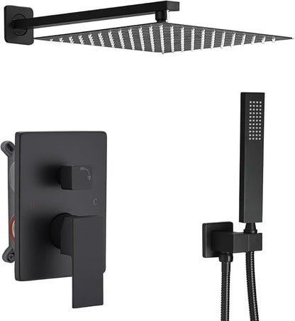 Rainfall Shower System Matte Black Shower Faucet Set with High Pressure 12inch Shower Head Hand Held Square Shower Head Bathroom Luxury Rain Mixer Shower Complete Combo Set Wall Mounted