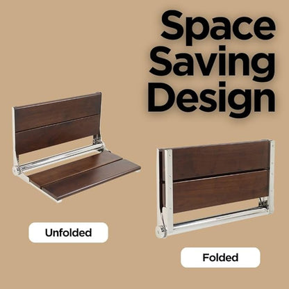Folding Shower Seat Wall Mounted with Back | 500 lbs Maximum Load Capacity | ADA Compliant Safety Assist Teak Shower Seat for Seniors, Handicapped, and Children | 304 Stainless Steel Frame | 26” x 16”