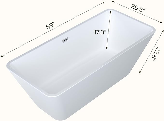 59" Freestanding Bathtub, Acrylic Soaking Tub, Chrome Overflow & Drain, Easy Installation for Modern Bathroom, White