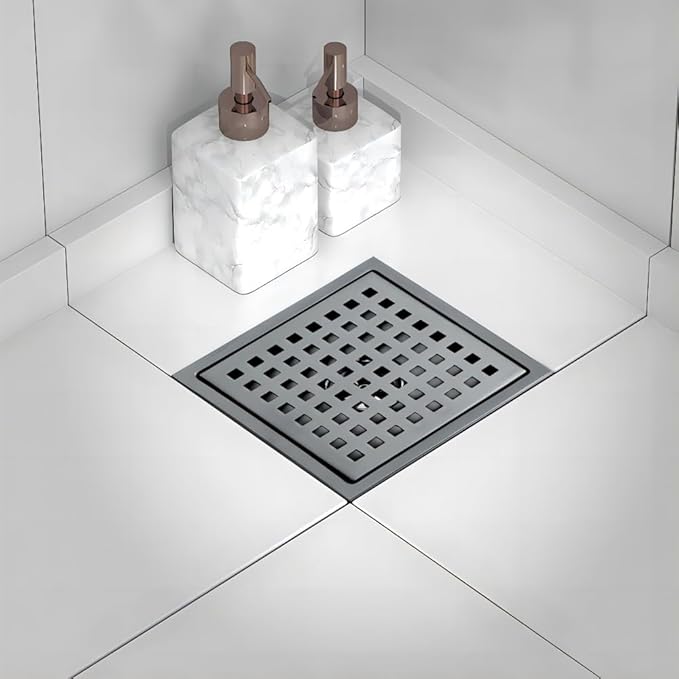 6 Inch Square Shower Drain, SUS 304 Stainless Steel Shower Drain with Flange, Removable Grid Cover Hair Strainer, High Flow Shower Floor Drain, Gun Grey
