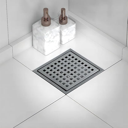 6 Inch Square Shower Drain, SUS 304 Stainless Steel Shower Drain with Flange, Removable Grid Cover Hair Strainer, High Flow Shower Floor Drain, Gun Grey