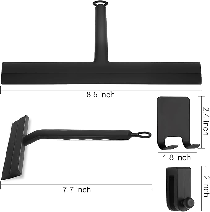 Shower Squeegee for Glass Doors, 8.5" Slicone Squeegee for Shower Glass Door, Black Shower Squeegee for Shower Doors Windows Mirrors Cars Cleaning, Shower Door Squeegee with 2 Hooks